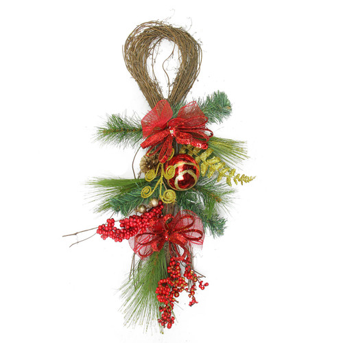 Bows, Berries and Ornaments Mixed Pine Artificial Christmas Teardrop Swag - 26" - Unlit - IMAGE 1
