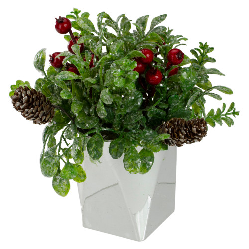 8" Green and Silver Potted Artificial Boxwood with Berries Christmas Arrangement - IMAGE 1