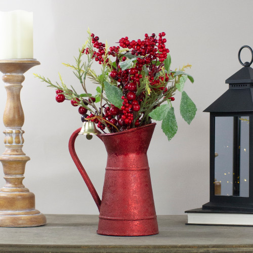 Red Berries and Frosted Foliage in Metal Pitcher Christmas Decoration - 13" - IMAGE 1