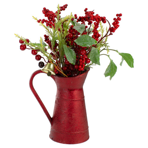 13" Red Berries and Foliage in Vintage Milk Pitcher Christmas Decoration - IMAGE 1