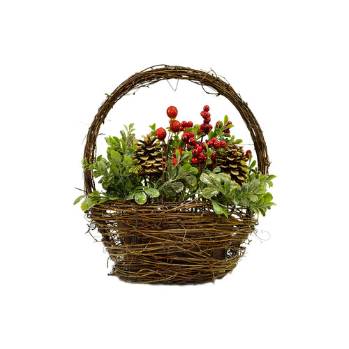 Pine Cones and Berries Boxwood Christmas Basket with Handles - 12" - IMAGE 1