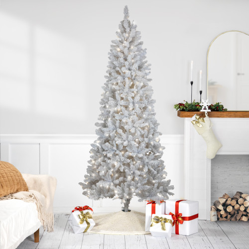 Pre-Lit Slim Flocked White Pine Artificial Christmas Tree - 7.5' - Warm White LED Lights - IMAGE 1