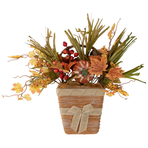 18" Green and Yellow Fall Leaves with Bow Artificial Thanksgiving Basket - IMAGE 1