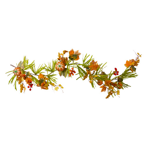 Mini Pumpkins and Berry Clusters Artificial Fall Harvest Garland - 5' x 10" - Green and Orange - IMAGE 1