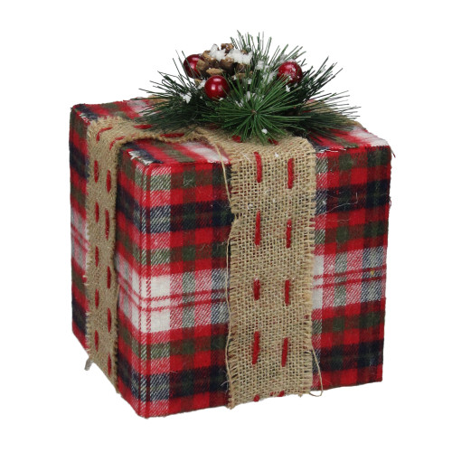 8" Large Red Plaid Gift Box with Burlap Bow Christmas Decoration - IMAGE 1
