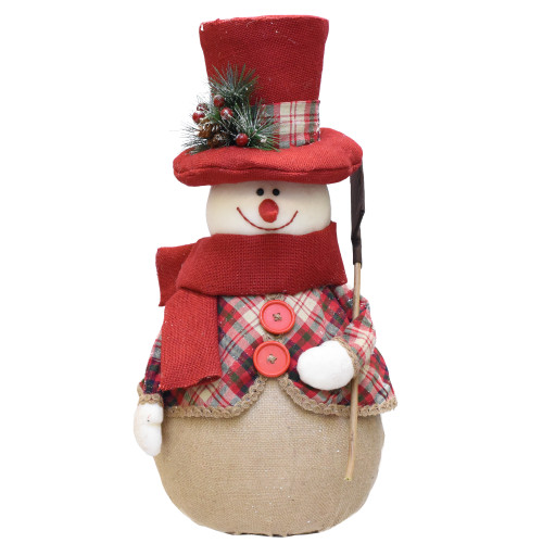 22.75" Red and Brown Plaid Snowman with Shovel Tabletop Christmas Figure - IMAGE 1