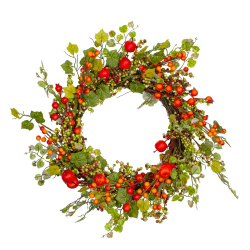 Apples and Berries Artificial Fall Harvest Wreath - 22 Inch, Unlit - IMAGE 1