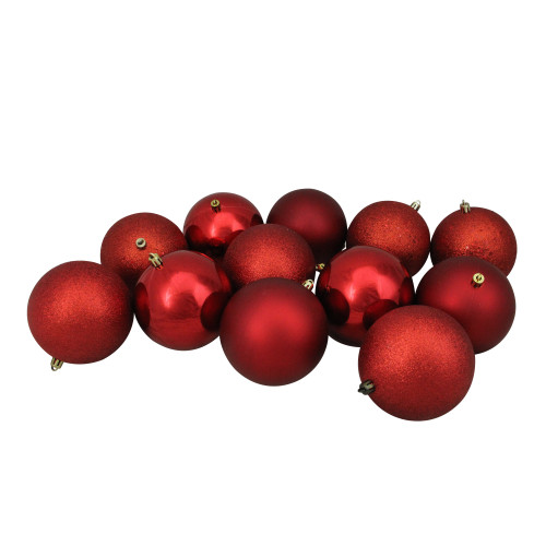 12ct Red Shatterproof 4-Finish Christmas Ball Ornaments 4" (100mm) - IMAGE 1