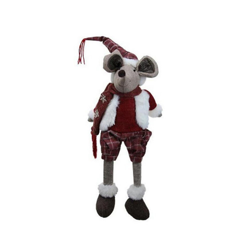 24" Red and White Plaid Sitting Mouse Boy with Dangling Legs Christmas Figure - IMAGE 1