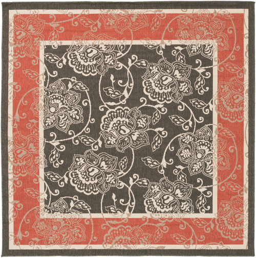 7.25' Red and Black Floral Square Area Throw Rug - IMAGE 1