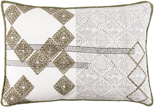 19" Drab Green and White Woven Rectangular Throw Pillow - Down Filler - IMAGE 1