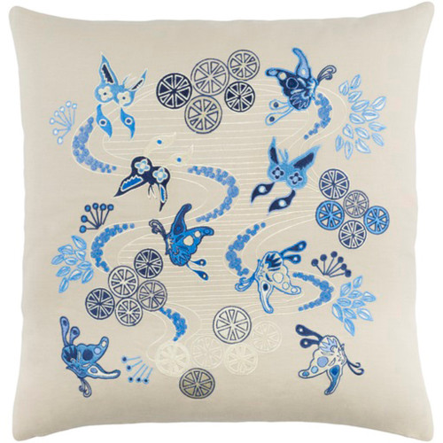 22" Cream White and Bright Blue Butterflies in Paradise Throw Pillow - Down Filler - IMAGE 1