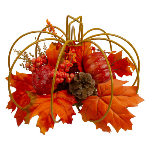 Autumn Harvest Maple Leaf and Berry Pumpkin Centerpiece - 12" - Orange - IMAGE 1