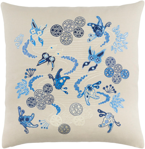 18" Cream White and Bright Blue Butterflies in Paradise Throw Pillow - IMAGE 1