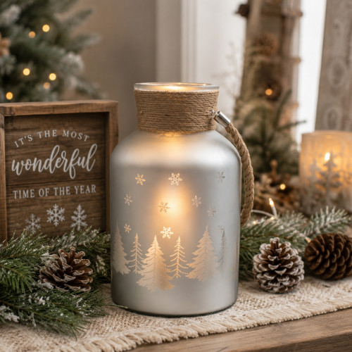 12" Silver Matte Christmas Trees and Snowflakes Pillar Candle Holder with Handle - IMAGE 1