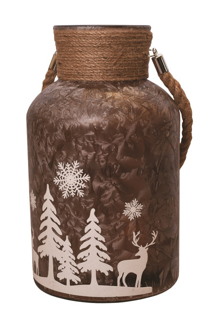 12" Brown Winter Scene Christmas Pillar Candle Holder Lantern with Handle - IMAGE 1