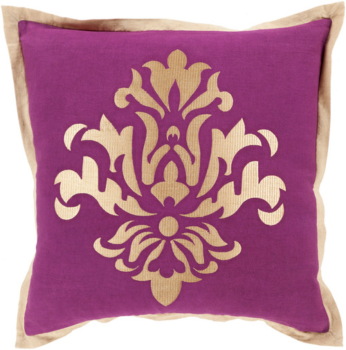 18" Metallic Purple and Gold Floral Square Throw Pillow - IMAGE 1