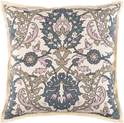 22" Beige and Pink Floral Square Throw Pillow - Down Filler - IMAGE 1