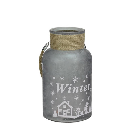 10" Gray and White Iced Winter Scene Pillar Candle Holder Lantern with Handle - IMAGE 1