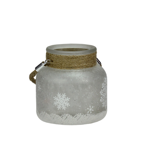 4.75" White Iced with Glittered Snowflakes Decorative Pillar Candle Holder Lantern with Handle - IMAGE 1