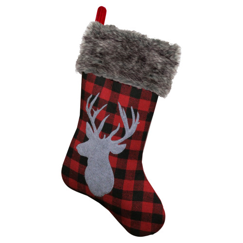20.5" Red and Black Buffalo Plaid Reindeer Christmas Stocking - IMAGE 1