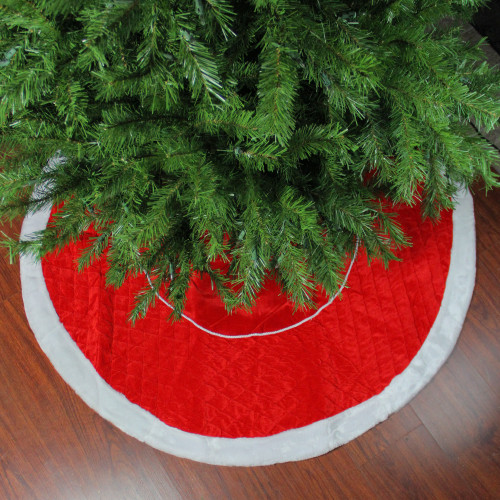 48" Red and White Quilted Faux Fur Border Christmas Tree Skirt - IMAGE 1