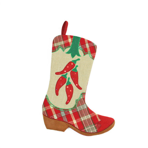 18.5" Wild West Embroidered Chili Peppers Red Plaid and Brown Burlap Cowboy Boot Christmas Stocking - IMAGE 1