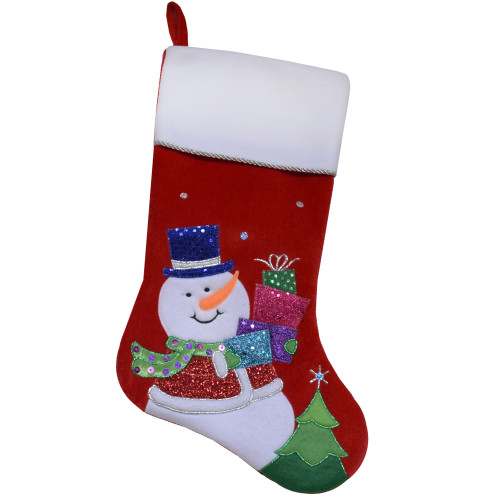 20.5" Red and White Embroidered Snowman with Glitter Christmas Stocking - IMAGE 1
