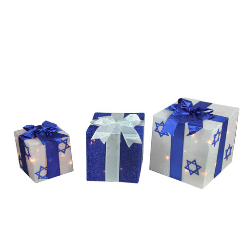 3-Piece Lighted White and Blue Hanukkah Gift Box Christmas Outdoor Decoration Set - IMAGE 1