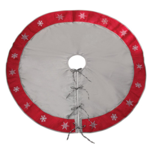 Snowflake Christmas Tree Skirts with Ties - 54" - Gray and Red - Set of 2 - IMAGE 1