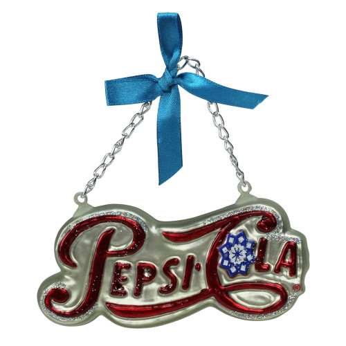 Silver Pepsi Cola Script Logo Word Sign Decorative Glass Christmas Ornament 4.25" (108mm) - IMAGE 1