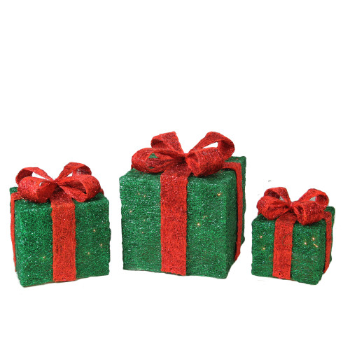 Set of 3 Lighted Green Gift Boxes with Red Bows Outdoor Christmas Decorations 10" - IMAGE 1