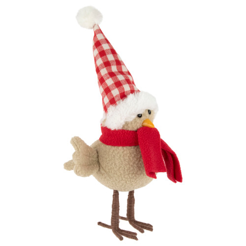 10" Beige Standing Bird with Red Scarf and Plaid Hat Christmas Figure - IMAGE 1