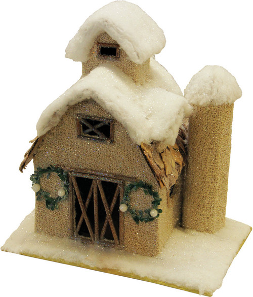 12" Brown and White Snow Covered Barn with Wreaths Christmas Tabletop Decor - IMAGE 1