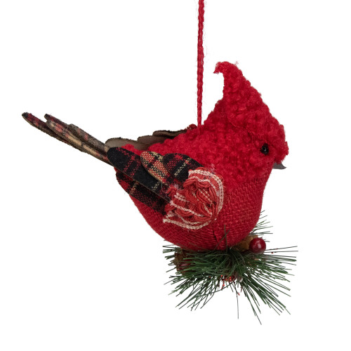 6.5" Red Burlap  Cardinal with Pine Needles and Berries Christmas Ornament - IMAGE 1
