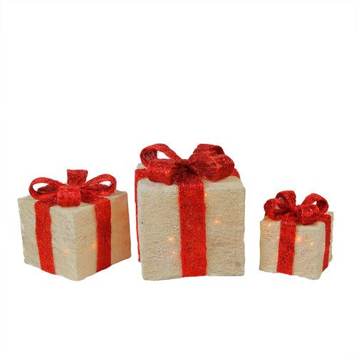 Set of 3 Lighted White and Red Sisal Gift Boxes Outdoor Christmas Decorations - IMAGE 1