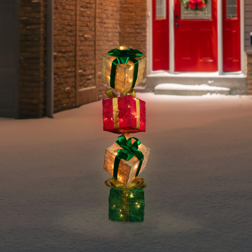 45" Lighted Stacked Gift Boxes Tower Outdoor Christmas Decoration - IMAGE 1