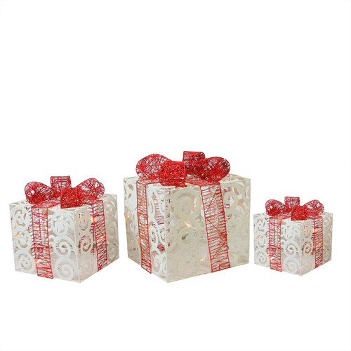 Set of 3 Lighted White Swirl Glitter Gift Boxes Christmas Outdoor Decorations 10" - IMAGE 1