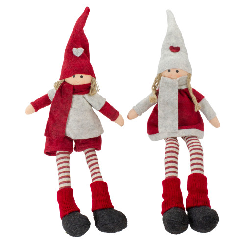 Plush Boy and Girl Sitting Christmas Figures - 19" - Red and Beige - Set of 2 - IMAGE 1