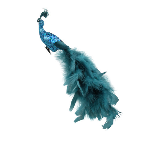 11" Left Facing Teal Blue Regal Peacock with Feather Tail Clip-On Christmas Ornament - IMAGE 1