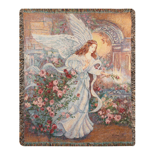 White and Pink Angel of Love Inspirational Botanical Tapestry Throw Blanket 50" x 60" - IMAGE 1