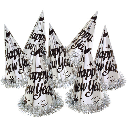Happy New Year Silver Paper Party Hats - 9.5" - Club Pack of 12 - IMAGE 1
