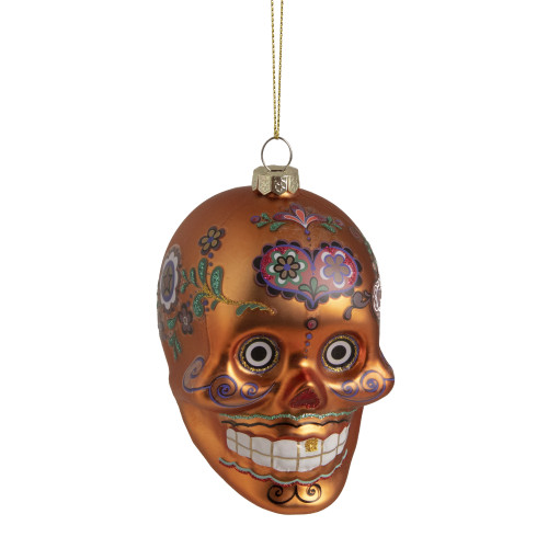 4" Orange Day of the Dead Glass Skull Ornament - IMAGE 1