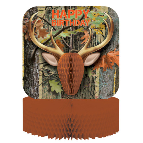 Pack of 6 Brown and Orange Hunting Camo "Happy Birthday" Honeycomb Centerpiece Party Decors 12" - IMAGE 1