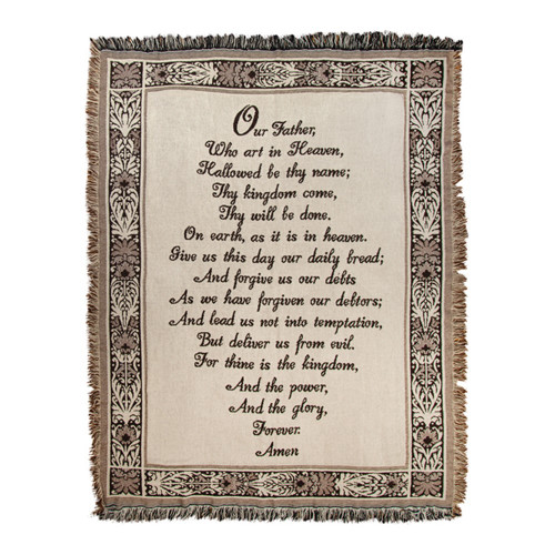 Beige and Brown Lord's Prayer Religious Floral Border Fringed Throw Blanket 46" x 60" - IMAGE 1