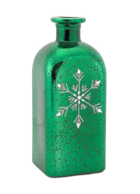 8.5" Green Mercury Glass Bottle with Silver Glitter Snowflake Christmas Decoration - IMAGE 1