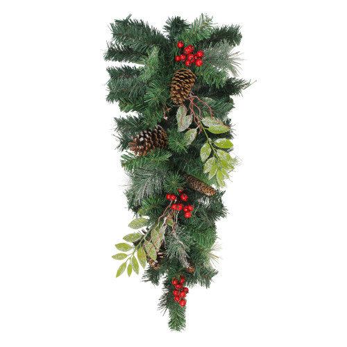 32" Pre-Decorated Frosted Pinecone Berries Artificial Christmas Teardrop Swag - Unlit - IMAGE 1