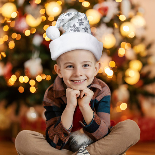 21" Silver and White Sequin Snowflake Christmas Santa Hat - Medium - IMAGE 1