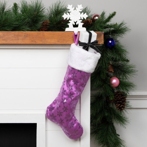 19" Purple Sequin Snowflake Christmas Stocking with White Faux Fur Cuff - IMAGE 1