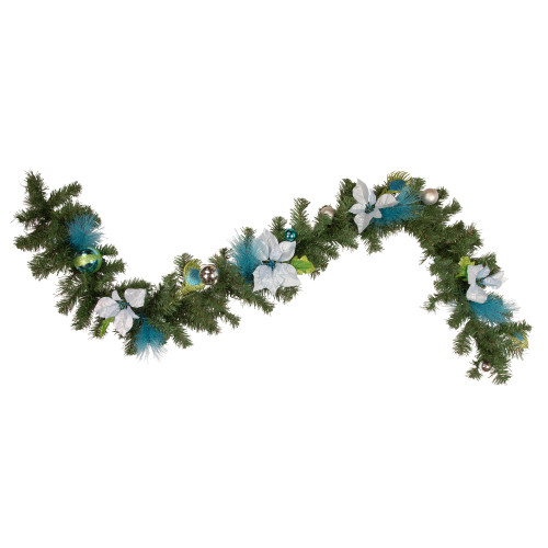 Peacock Feather and Poinsettia Artificial Christmas Garland - 6' x 9" - Unlit - IMAGE 1